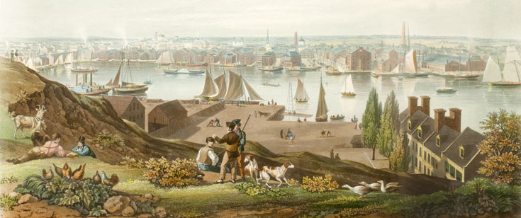 Engraving of Baltimore from Federal Hill, a view of the harbor showing many sailing vessels in the harbor in 1831.